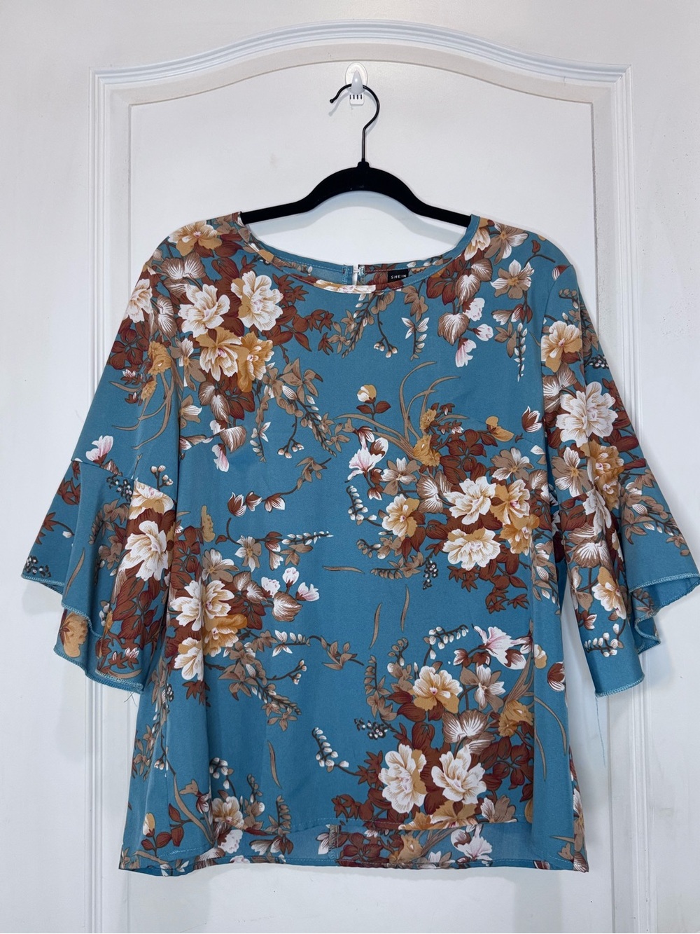 SHEIN Teal Floral Ruffle Sleeve Tunic
